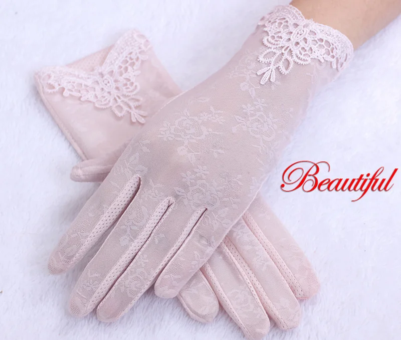 Sexy Summer Women UV Sunscreen Short Sun Female Gloves Fashion Ice Silk Lace Driving Of Thin Touch Screen Lady Gloves G02E
