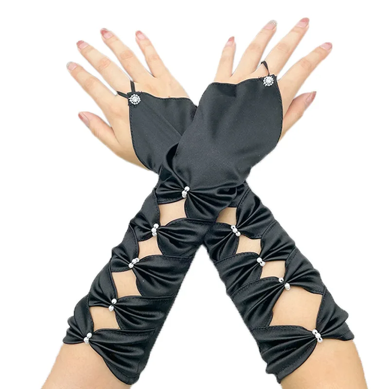 Women Hollow Hook Finger Bow Ceremonial Etiquette Satin Gloves Cosplay Dinner Party Evening Dress Matching Princess