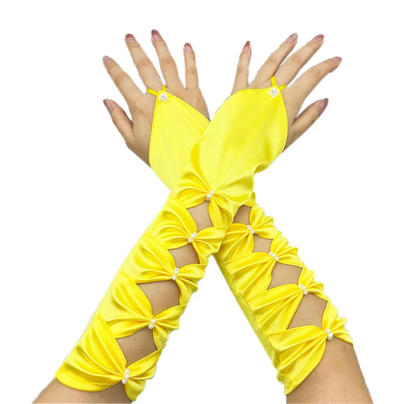 Women Hollow Hook Finger Bow Ceremonial Etiquette Satin Gloves Cosplay Dinner Party Evening Dress Matching Princess
