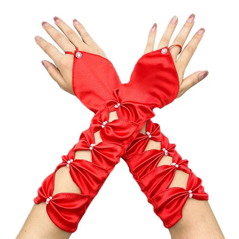 Women Hollow Hook Finger Bow Ceremonial Etiquette Satin Gloves Cosplay Dinner Party Evening Dress Matching Princess