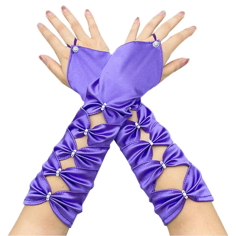 Women Hollow Hook Finger Bow Ceremonial Etiquette Satin Gloves Cosplay Dinner Party Evening Dress Matching Princess