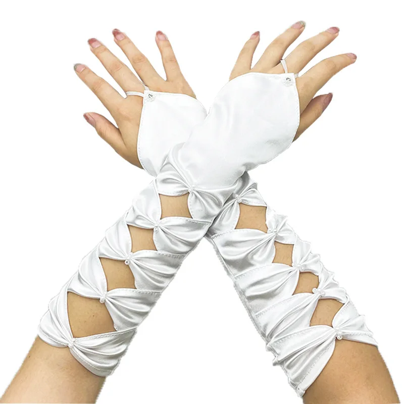 Women Hollow Hook Finger Bow Ceremonial Etiquette Satin Gloves Cosplay Dinner Party Evening Dress Matching Princess
