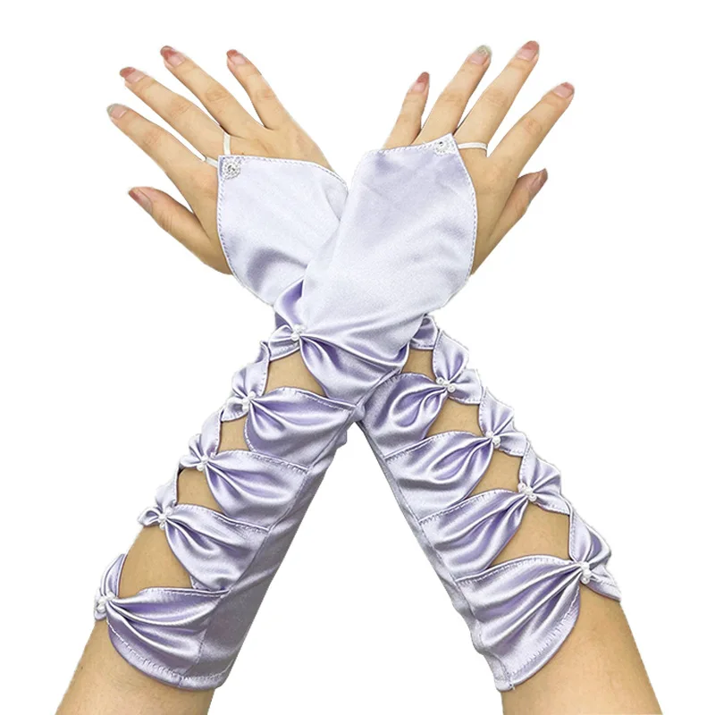 Women Hollow Hook Finger Bow Ceremonial Etiquette Satin Gloves Cosplay Dinner Party Evening Dress Matching Princess