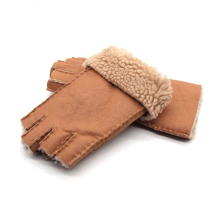 Men women autumn winter thicken warm natural one piece wool fur leather glove winter wool fur mitten half finger fur glove R3385