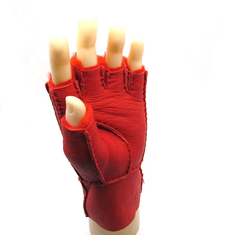 Men women autumn winter thicken warm natural one piece wool fur leather glove winter wool fur mitten half finger fur glove R3385
