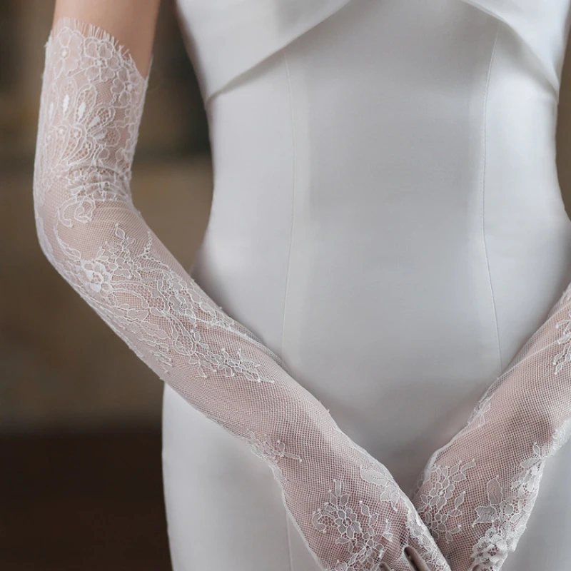 Women White Lace Thin Floral Embroidery Long Aesthetic Gloves High Quality Breathable Soft Etiquette Stage Performance