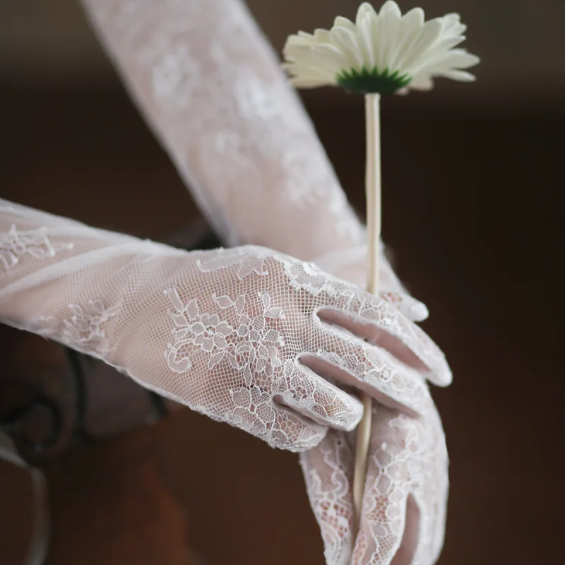 Women White Lace Thin Floral Embroidery Long Aesthetic Gloves High Quality Breathable Soft Etiquette Stage Performance