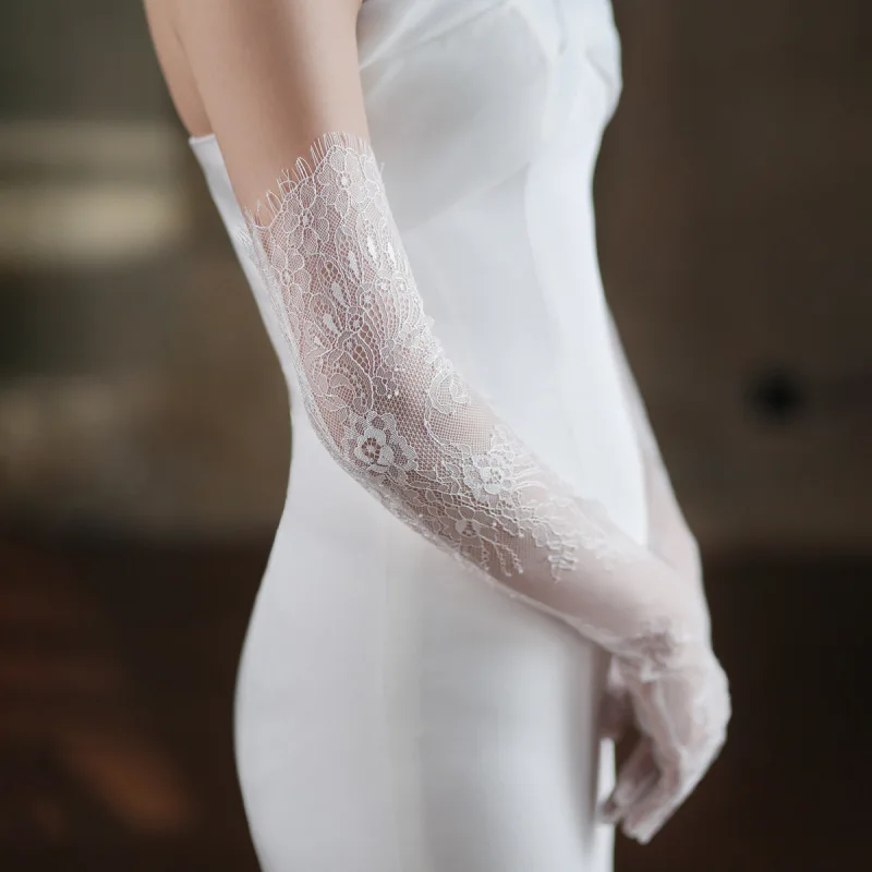 Women White Lace Thin Floral Embroidery Long Aesthetic Gloves High Quality Breathable Soft Etiquette Stage Performance