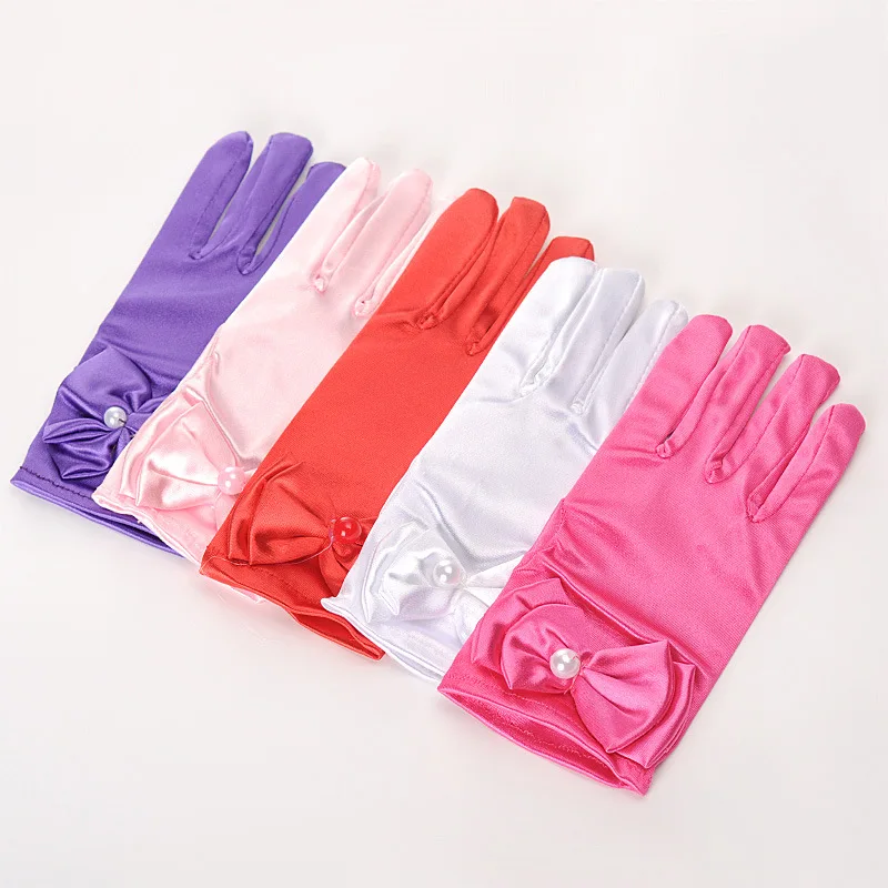 Elastic Girl Etiquette Performance Glove Satin Pearl Flower Lace Bow Short Children Princess Wedding Dress Dance Mitten L44