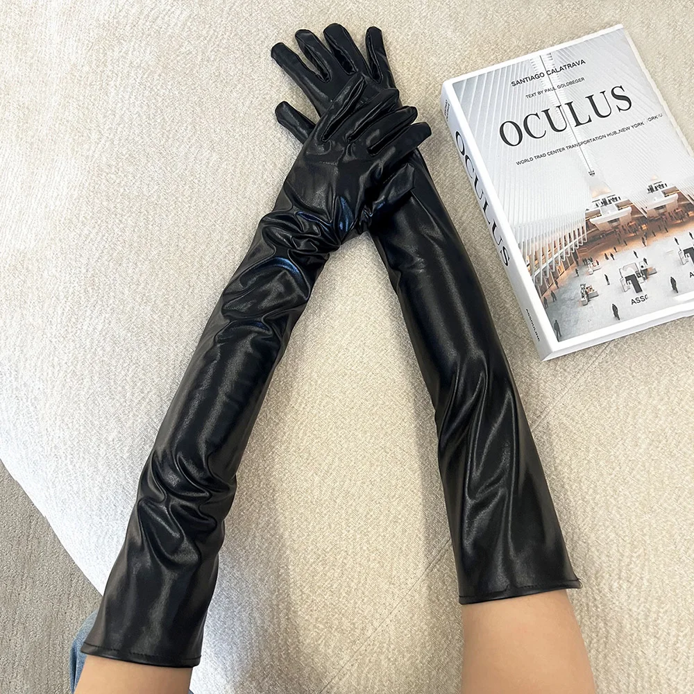 Women Sexy Patent Leather 55cm Long Gloves Cosplay Clothing Accessories Black Tight Gloves DS Pole Dance Performance Party Opera