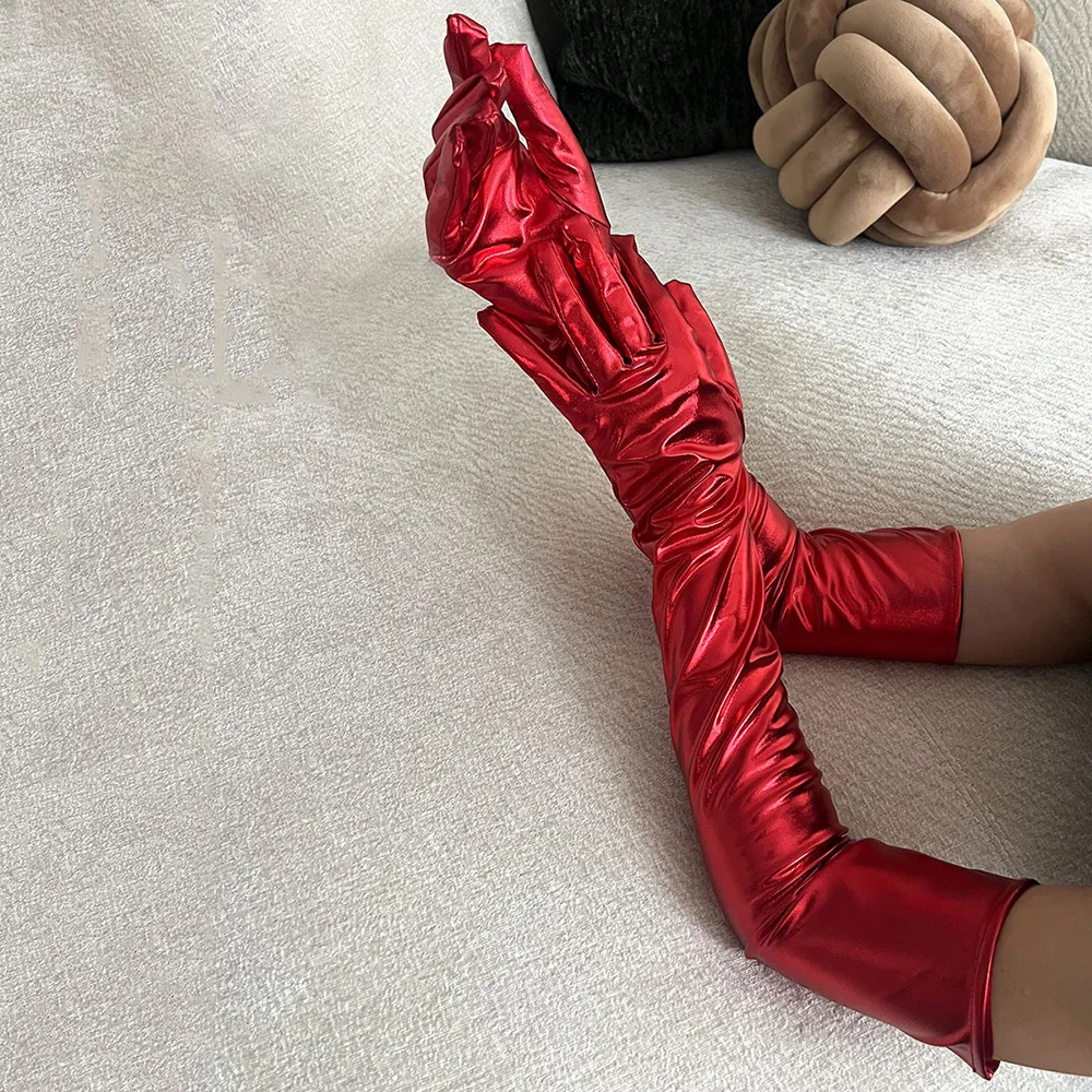 Women Sexy Patent Leather 55cm Long Gloves Cosplay Clothing Accessories Black Tight Gloves DS Pole Dance Performance Party Opera
