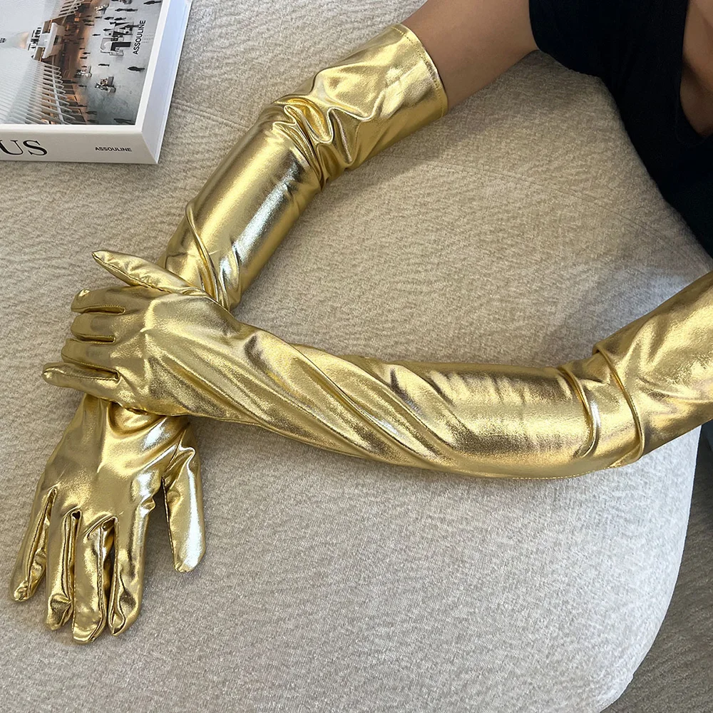Women Sexy Patent Leather 55cm Long Gloves Cosplay Clothing Accessories Black Tight Gloves DS Pole Dance Performance Party Opera