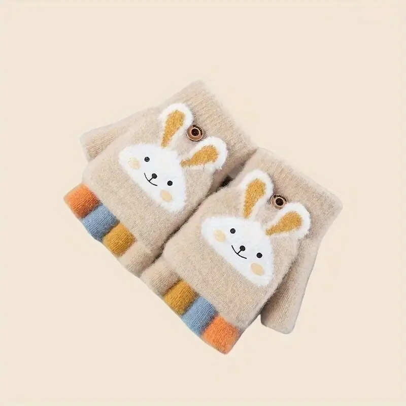 Cozy Cute Cartoon Girls' Winter Gloves Warm Cold-Proof Flip Top Design for Writing and Skiing Polyester Blend Hand Washable