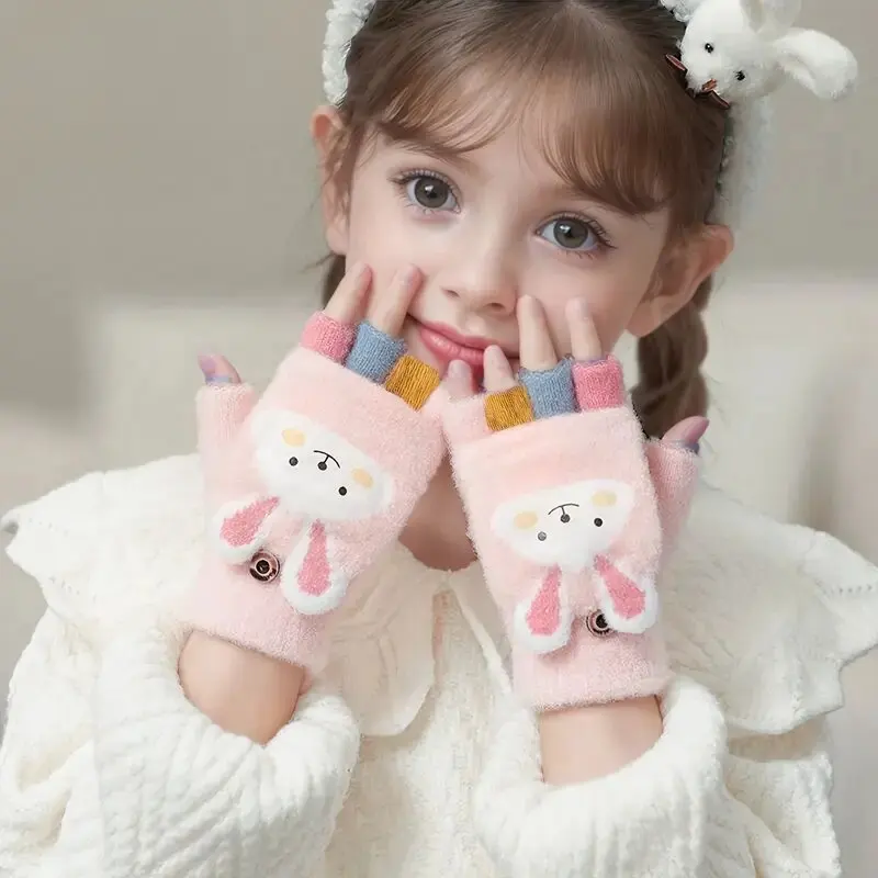 Cozy Cute Cartoon Girls' Winter Gloves Warm Cold-Proof Flip Top Design for Writing and Skiing Polyester Blend Hand Washable