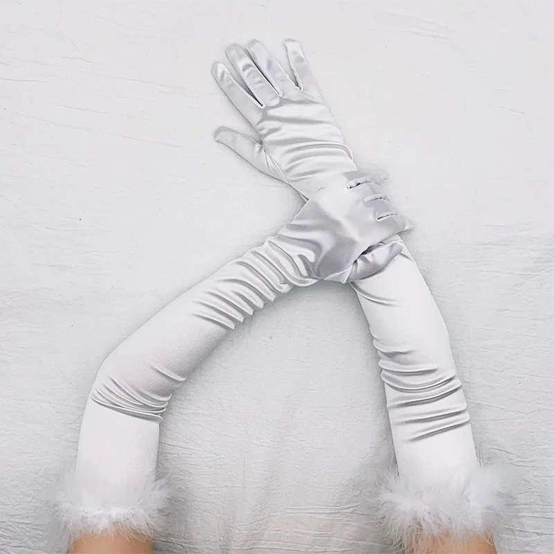 53cm Feather Satin Retro Style Women Long Gloves Party Ball Christmas Cosplay Stage Performance Fashion Personality Elegant