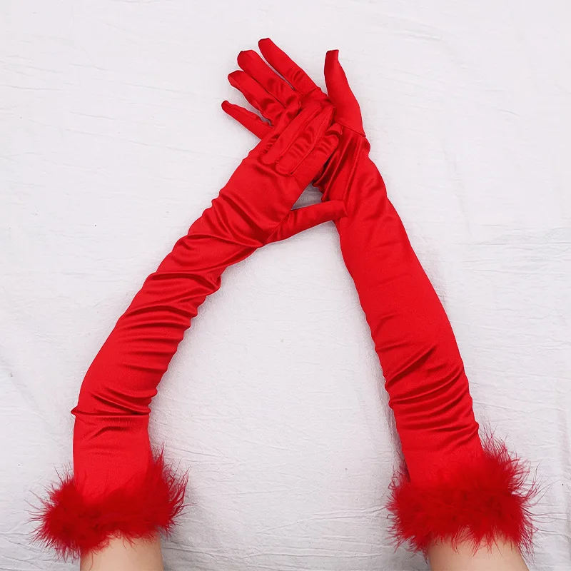 53cm Feather Satin Retro Style Women Long Gloves Party Ball Christmas Cosplay Stage Performance Fashion Personality Elegant