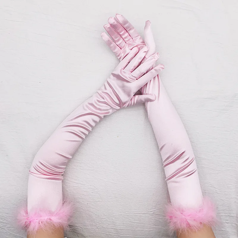 53cm Feather Satin Retro Style Women Long Gloves Party Ball Christmas Cosplay Stage Performance Fashion Personality Elegant
