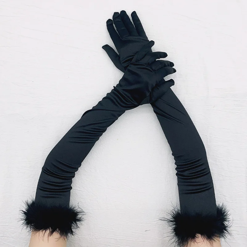 53cm Feather Satin Retro Style Women Long Gloves Party Ball Christmas Cosplay Stage Performance Fashion Personality Elegant