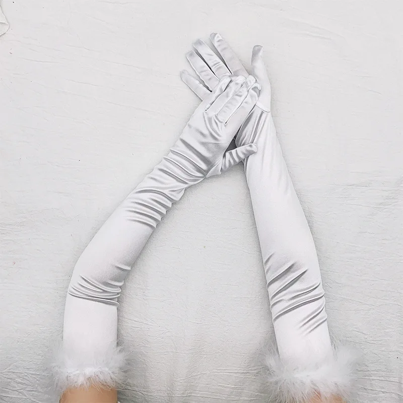 53cm Feather Satin Retro Style Women Long Gloves Party Ball Christmas Cosplay Stage Performance Fashion Personality Elegant