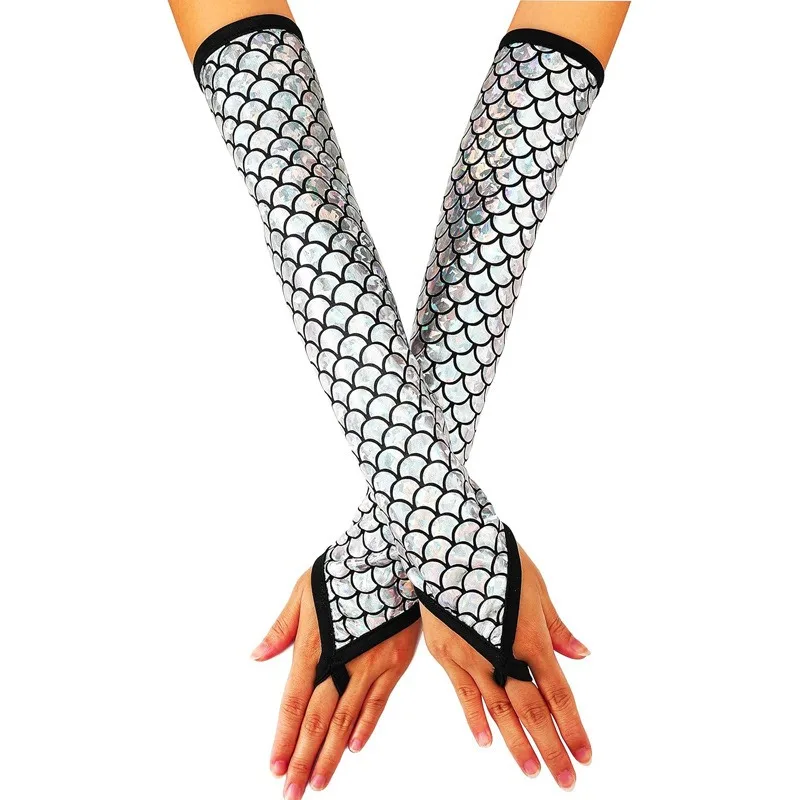 Summer 45CM Long Women Sunscreen Finger Hook Mermaid Scale Gloves Fashion PersonalityStage Performance Halloween Cosplay
