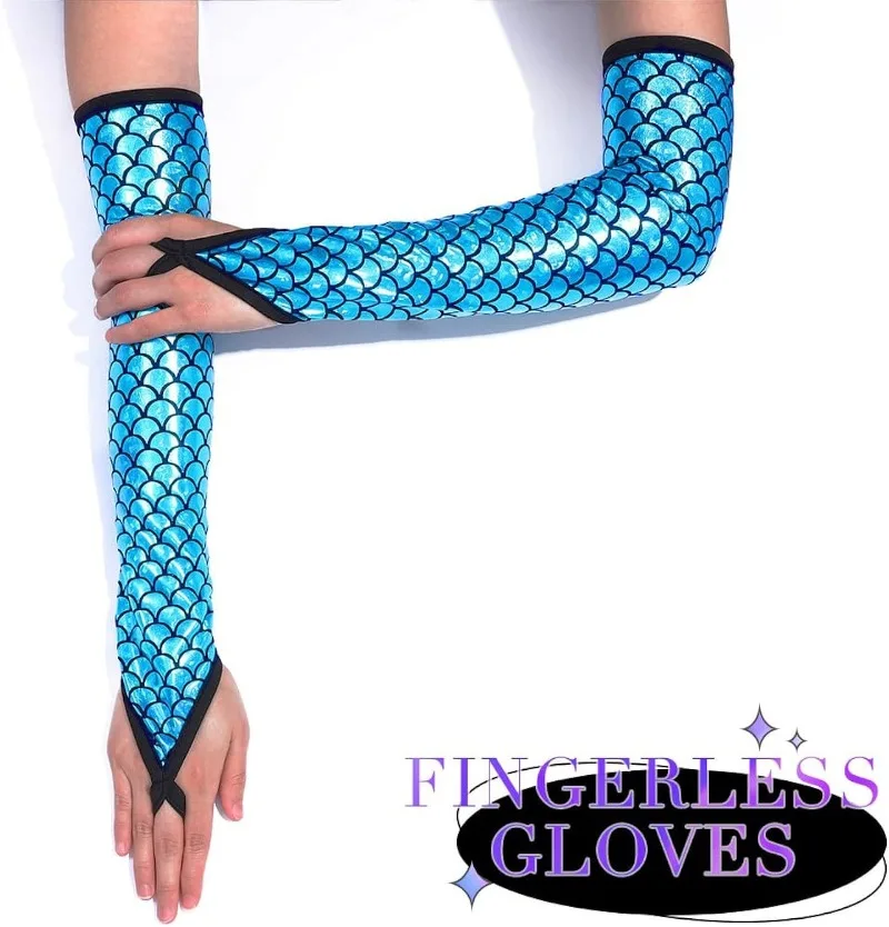 Summer 45CM Long Women Sunscreen Finger Hook Mermaid Scale Gloves Fashion PersonalityStage Performance Halloween Cosplay