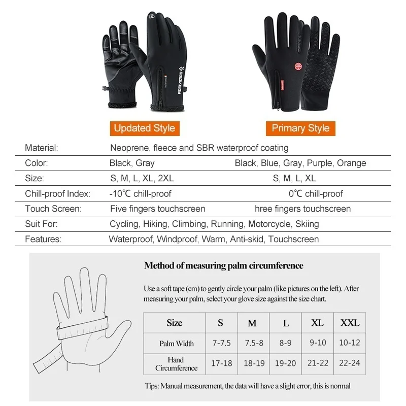 1 Pairs Winter Gloves Mens Touchscreen Non-Slip Unisex Waterproof Windproof Warm Cycling Cold Gloves Fashion Zipper Sports Glove