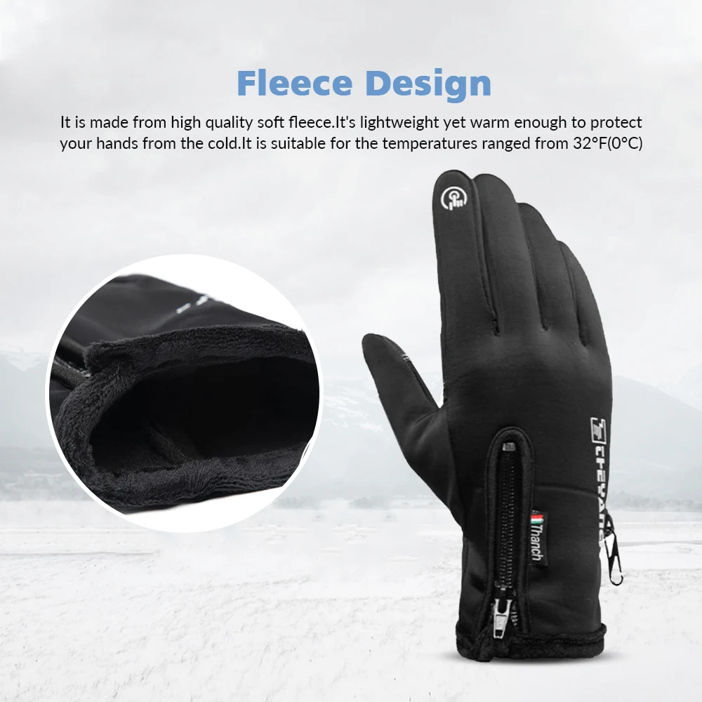 1 Pairs Winter Gloves Mens Touchscreen Non-Slip Unisex Waterproof Windproof Warm Cycling Cold Gloves Fashion Zipper Sports Glove