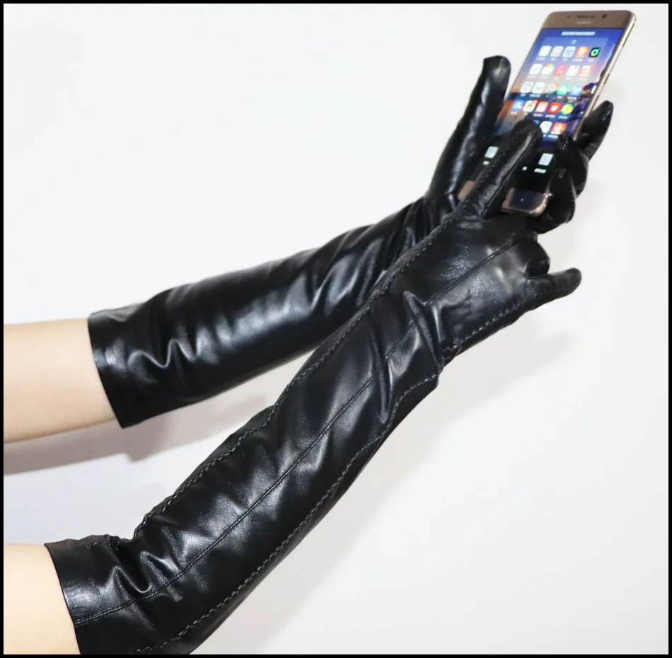 Women's Sheepskin Gloves Long 100% Genuine Leather Gloves Long Sleeve Over Elbow Arm Guard Warm Flannel Lining Autumn and Winter