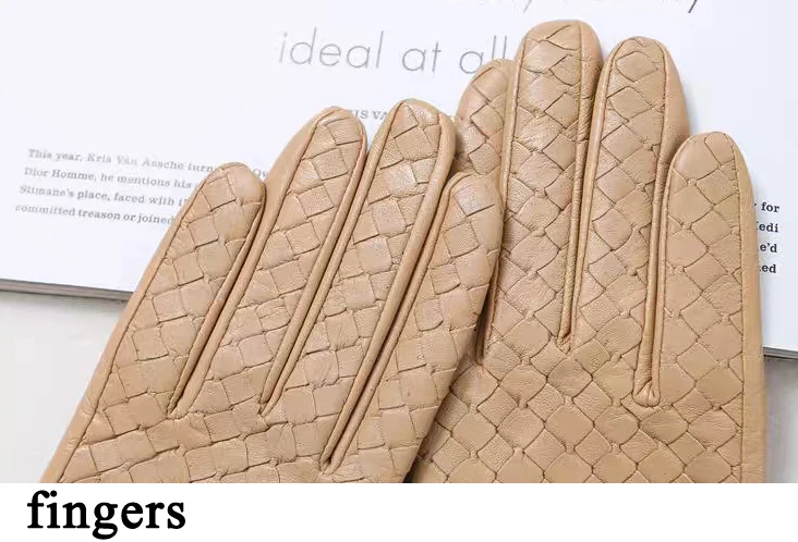 European Hand Woven Leather Lambskin Gloves for Woman 2025 Winter Black Beige Plaid Short Luvas Mujer Outdoor Warm Handschuhe