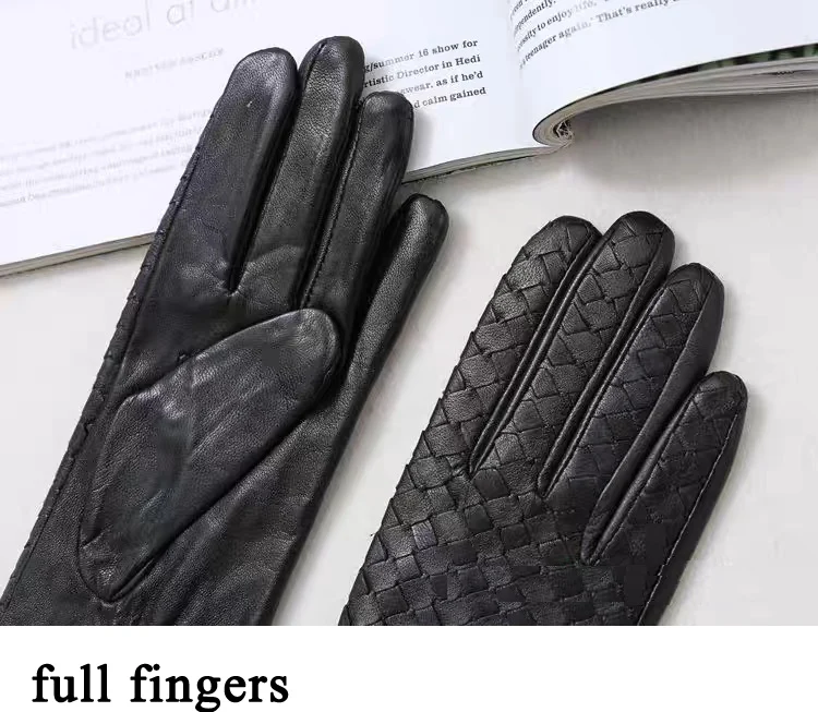 European Hand Woven Leather Lambskin Gloves for Woman 2025 Winter Black Beige Plaid Short Luvas Mujer Outdoor Warm Handschuhe