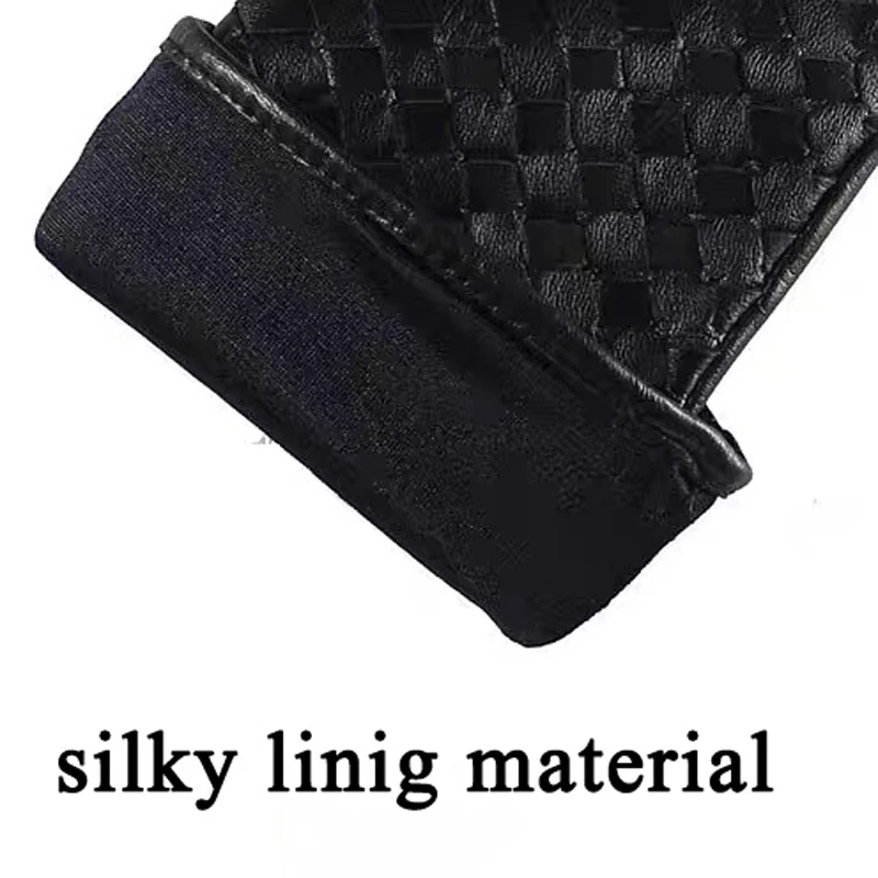 European Hand Woven Leather Lambskin Gloves for Woman 2025 Winter Black Beige Plaid Short Luvas Mujer Outdoor Warm Handschuhe