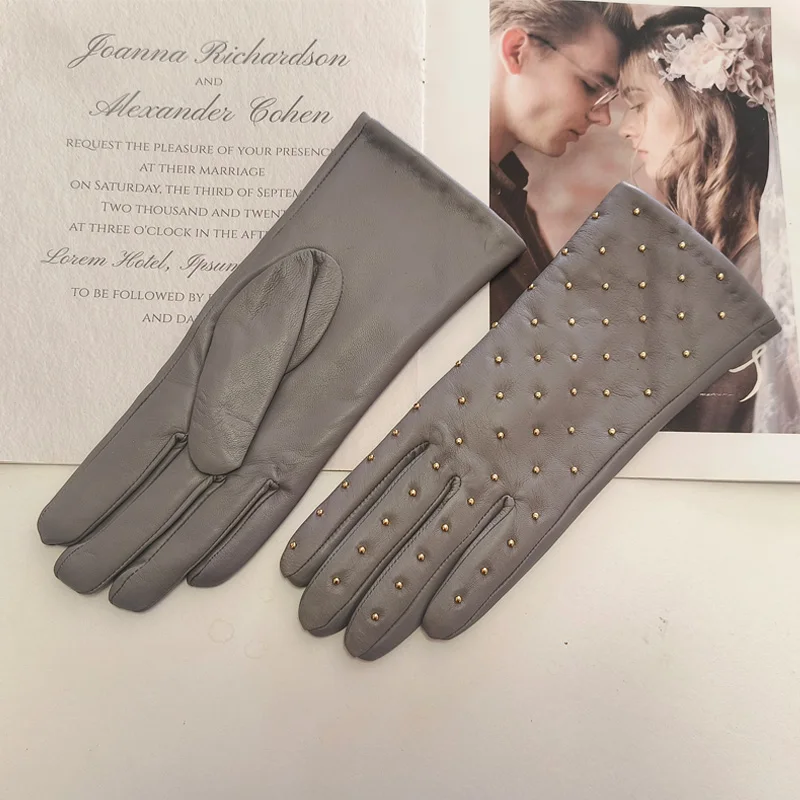 New Women's Sheepskin Gloves Leather Fashion Belt Rhinestone Warm Velvet Lining Gloves Winter