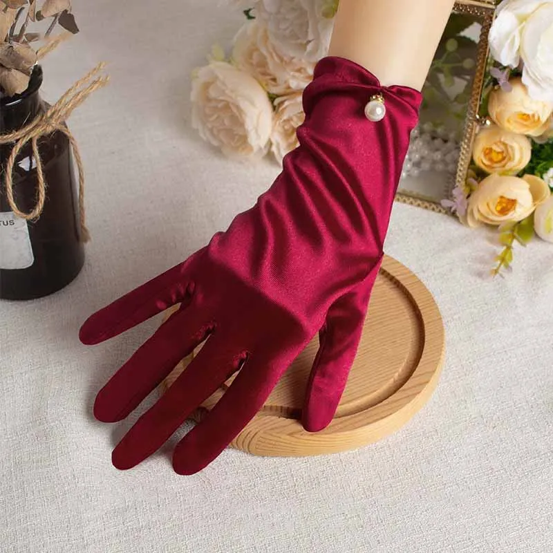 Elegant Satin Wedding Dress Bridal Red Short Gloves Retro Pearl Bow Women Photograph Prom Etiquette Performance Accessories