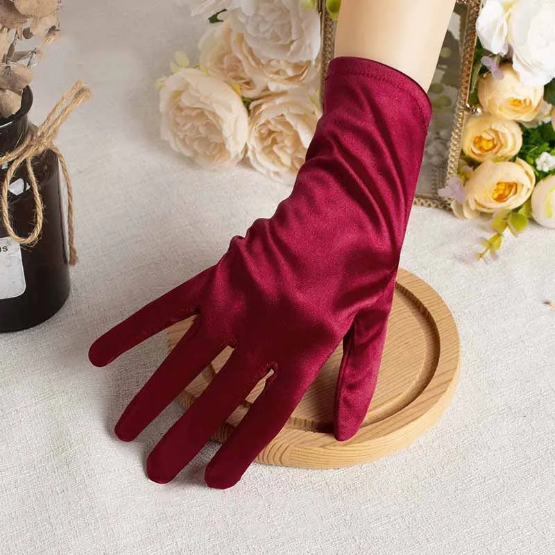 Elegant Satin Wedding Dress Bridal Red Short Gloves Retro Pearl Bow Women Photograph Prom Etiquette Performance Accessories