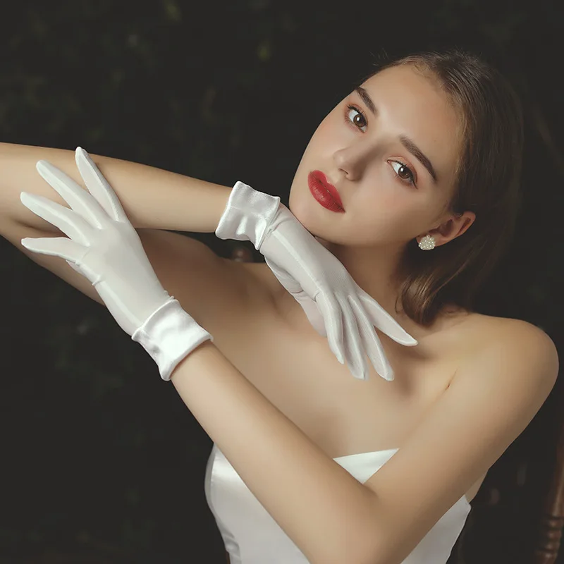 Fashion Elegant Satin Wrist Elastic Mesh Women Short Gloves Tulle White Black Bridal Wedding Banquet Drive Etiquette Mittens