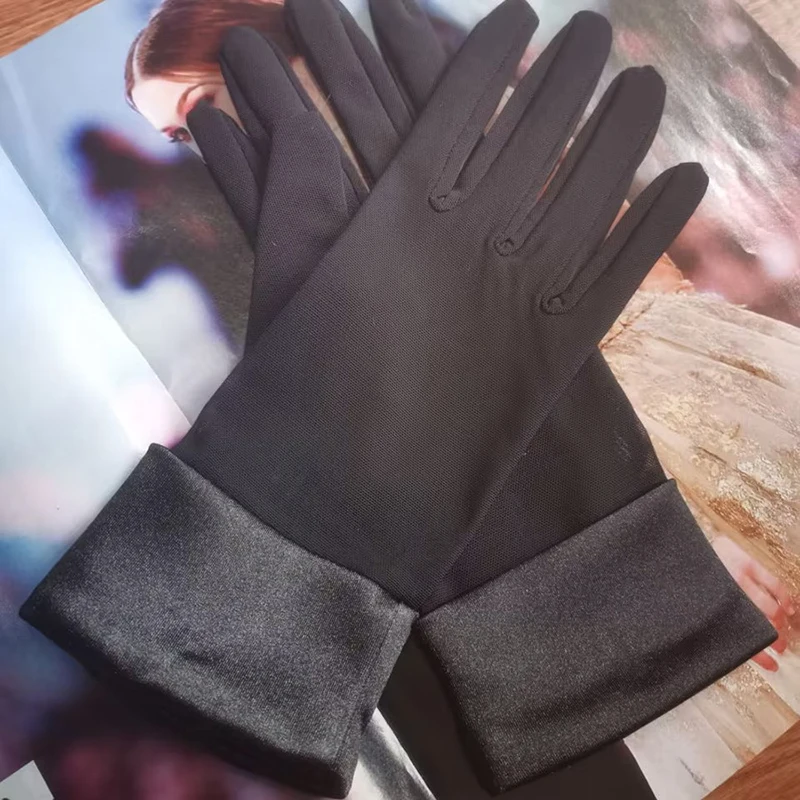 Fashion Elegant Satin Wrist Elastic Mesh Women Short Gloves Tulle White Black Bridal Wedding Banquet Drive Etiquette Mittens