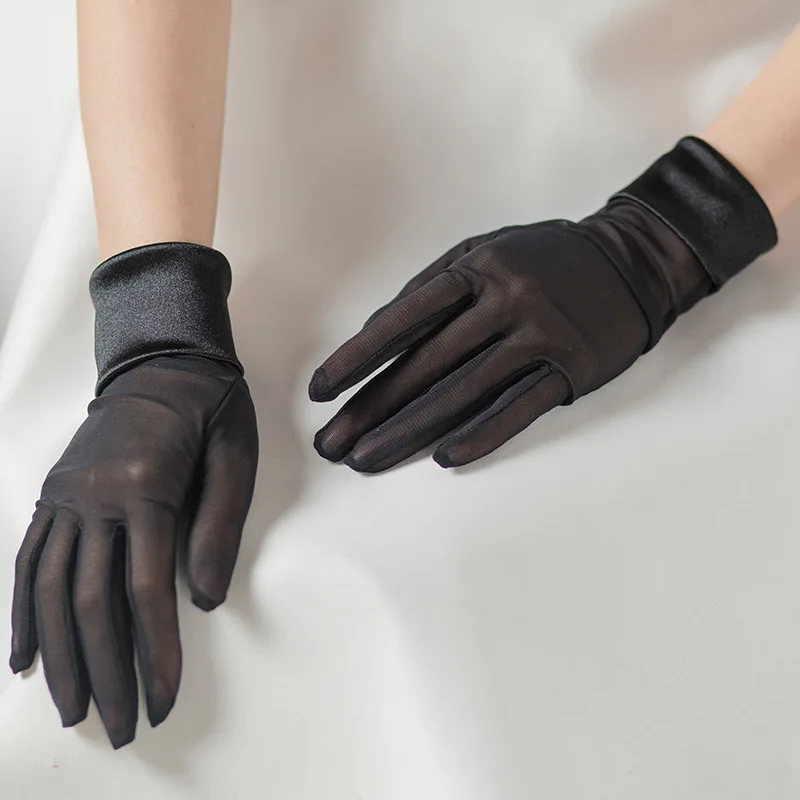 Fashion Elegant Satin Wrist Elastic Mesh Women Short Gloves Tulle White Black Bridal Wedding Banquet Drive Etiquette Mittens