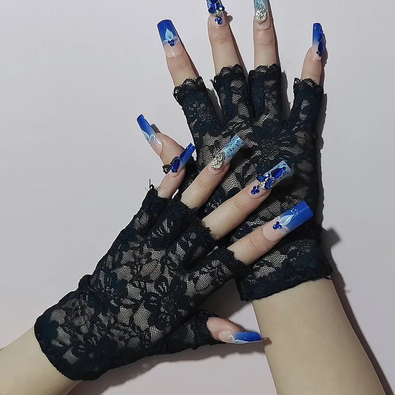 White Fingerless Sexy Lace Gloves Women Short Bride Wedding Half Finger Elasticity Cycling Driving Summer Sun Protection Gloves
