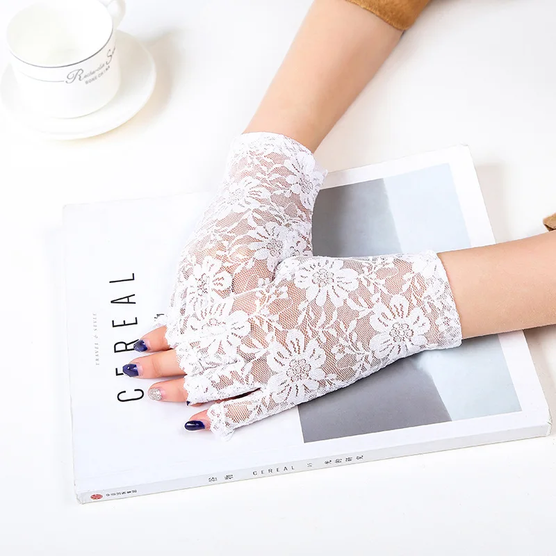 White Fingerless Sexy Lace Gloves Women Short Bride Wedding Half Finger Elasticity Cycling Driving Summer Sun Protection Gloves