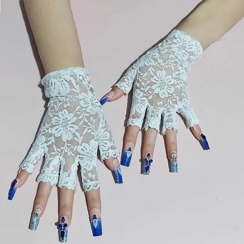 White Fingerless Sexy Lace Gloves Women Short Bride Wedding Half Finger Elasticity Cycling Driving Summer Sun Protection Gloves