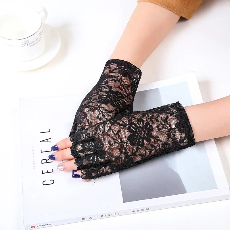 White Fingerless Sexy Lace Gloves Women Short Bride Wedding Half Finger Elasticity Cycling Driving Summer Sun Protection Gloves