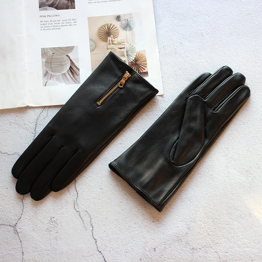 Women's Leather Gloves Touch Screen Sheepskin Fashionable Zipper New Autumn and Winter Warm Motorcycle Riding Gloves