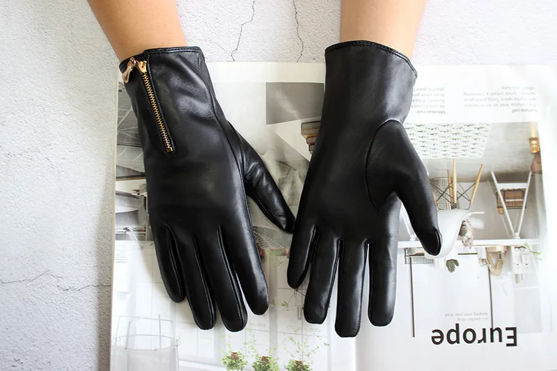 Women's Leather Gloves Touch Screen Sheepskin Fashionable Zipper New Autumn and Winter Warm Motorcycle Riding Gloves