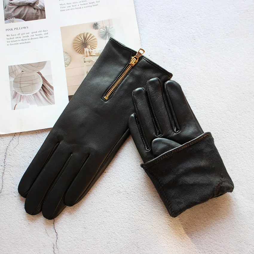Women's Leather Gloves Touch Screen Sheepskin Fashionable Zipper New Autumn and Winter Warm Motorcycle Riding Gloves