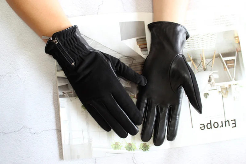 Women's Leather Gloves Touch Screen Sheepskin Fashionable Zipper New Autumn and Winter Warm Motorcycle Riding Gloves