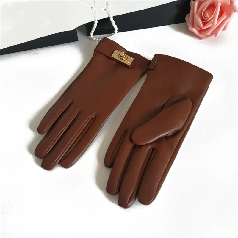 New Women's Ladies Real Leather Black Gloves Touch Screen Sheepskin Gloves With Lock Design