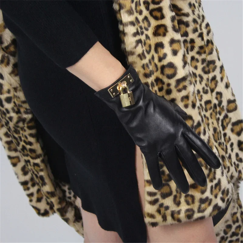 New Women's Ladies Real Leather Black Gloves Touch Screen Sheepskin Gloves With Lock Design