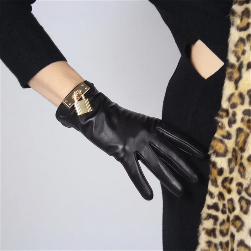 New Women's Ladies Real Leather Black Gloves Touch Screen Sheepskin Gloves With Lock Design
