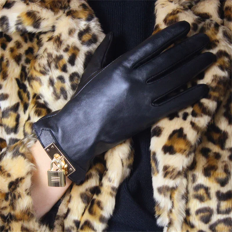 New Women's Ladies Real Leather Black Gloves Touch Screen Sheepskin Gloves With Lock Design