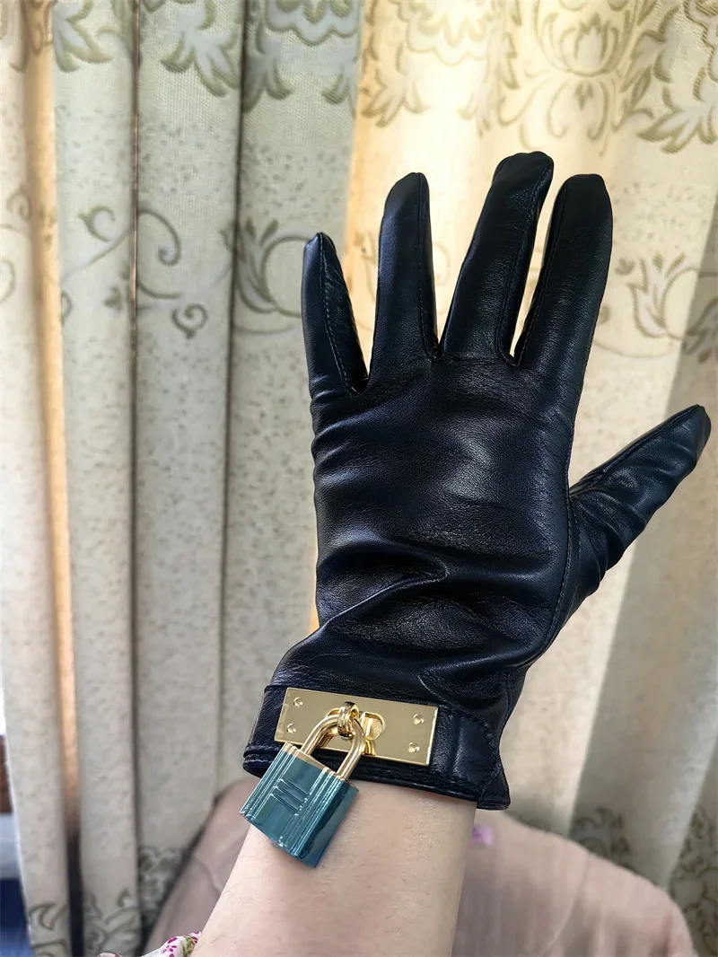 New Women's Ladies Real Leather Black Gloves Touch Screen Sheepskin Gloves With Lock Design